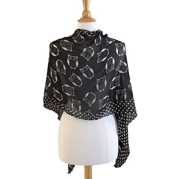 Cato Black White Owl Print & Polka Dot Scarf/Wrap/ Shawl Halloween 20 x 70 - Picture 3 of 8